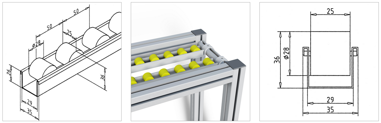 roller strip with cylindrical rollers mesa